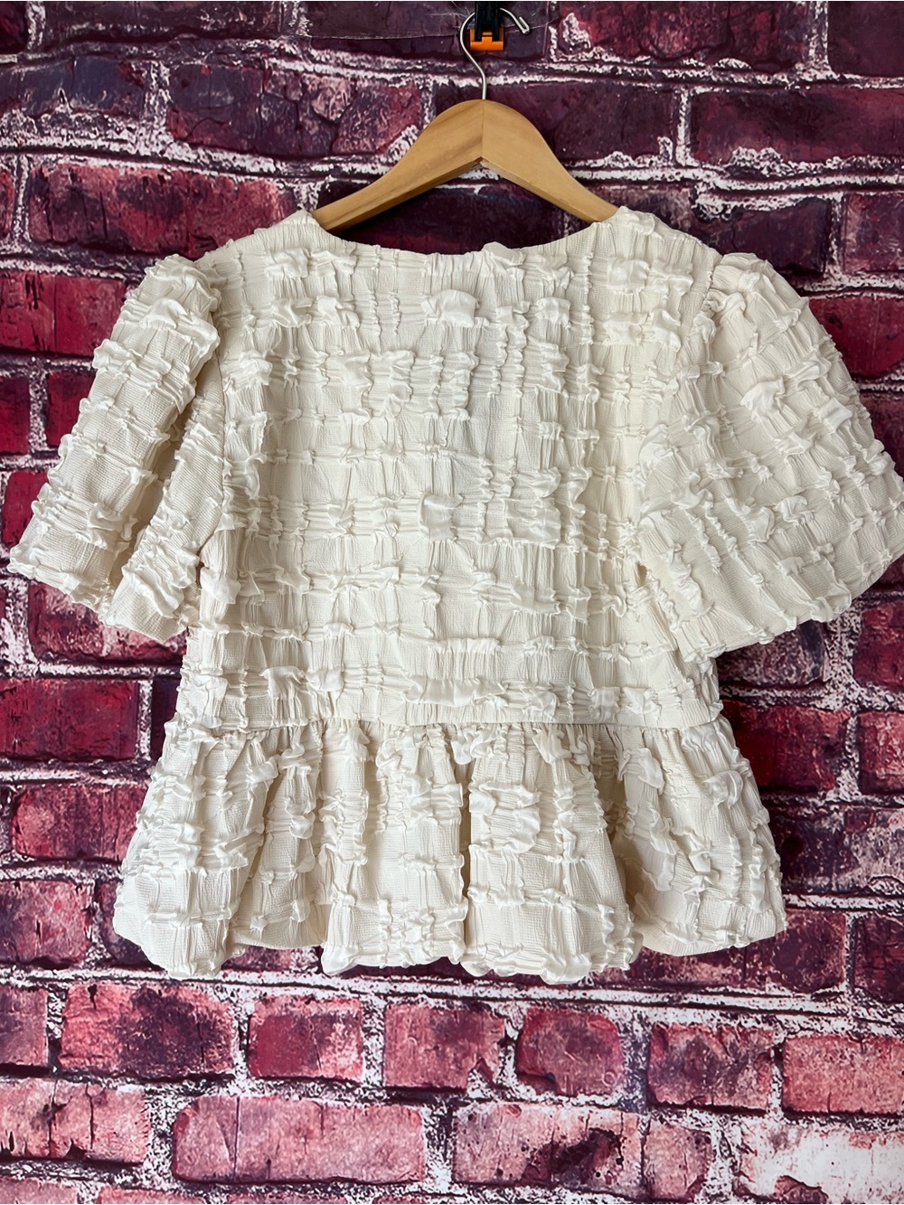 Idem Ditto Cream Bubble Textured Tie-Front Bow Babydoll Peplum Blouse - Picture 6 of 6